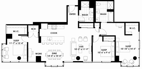 Floor plan for 3 beds, 2 baths, 1467 sqft